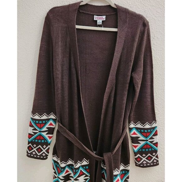 Pink Cattlelac Women Brown Open Long Sleeve Belted Western Cardigan Sweater sz S - Picture 4 of 10